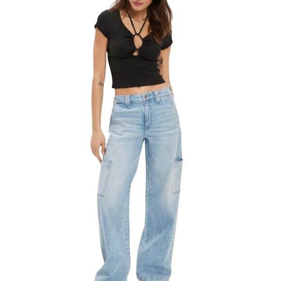 American Eagle AE Rib Knit Keyhole Tie-Front Tee T-Shirt Crop Top Black Medium - Picture 1 of 9